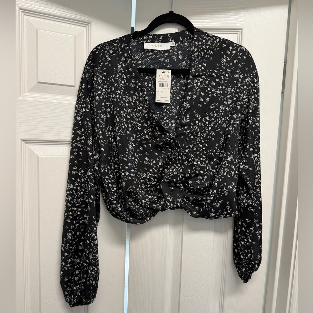 Astr Black Floral Wrap Blouse